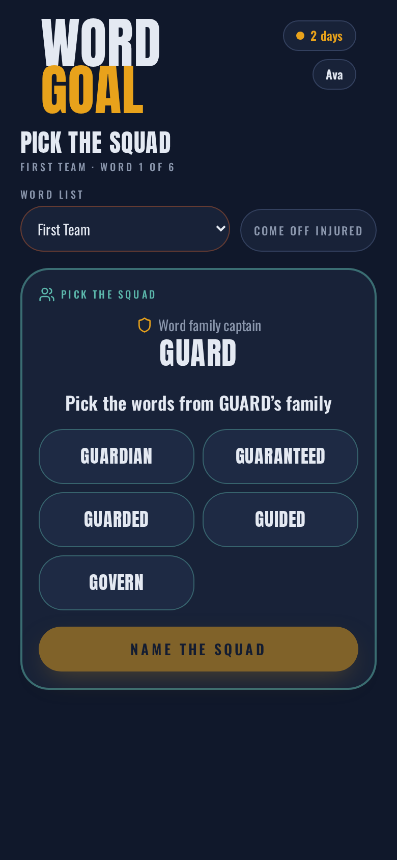Pick the Squad in WordGoal